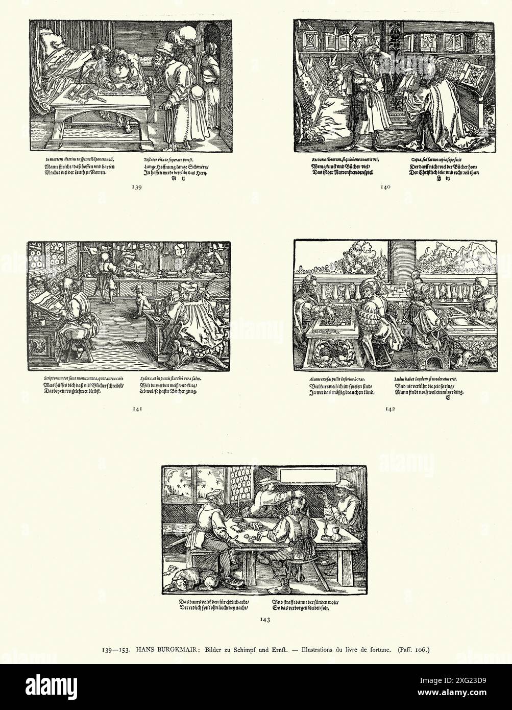Mittelalterliche Geschichte, deutscher Holzschnitt, Renaissance-Kunst, 15. Jahrhundert aus dem Buch des Glücks von Hans Burgkmair. Stockfoto