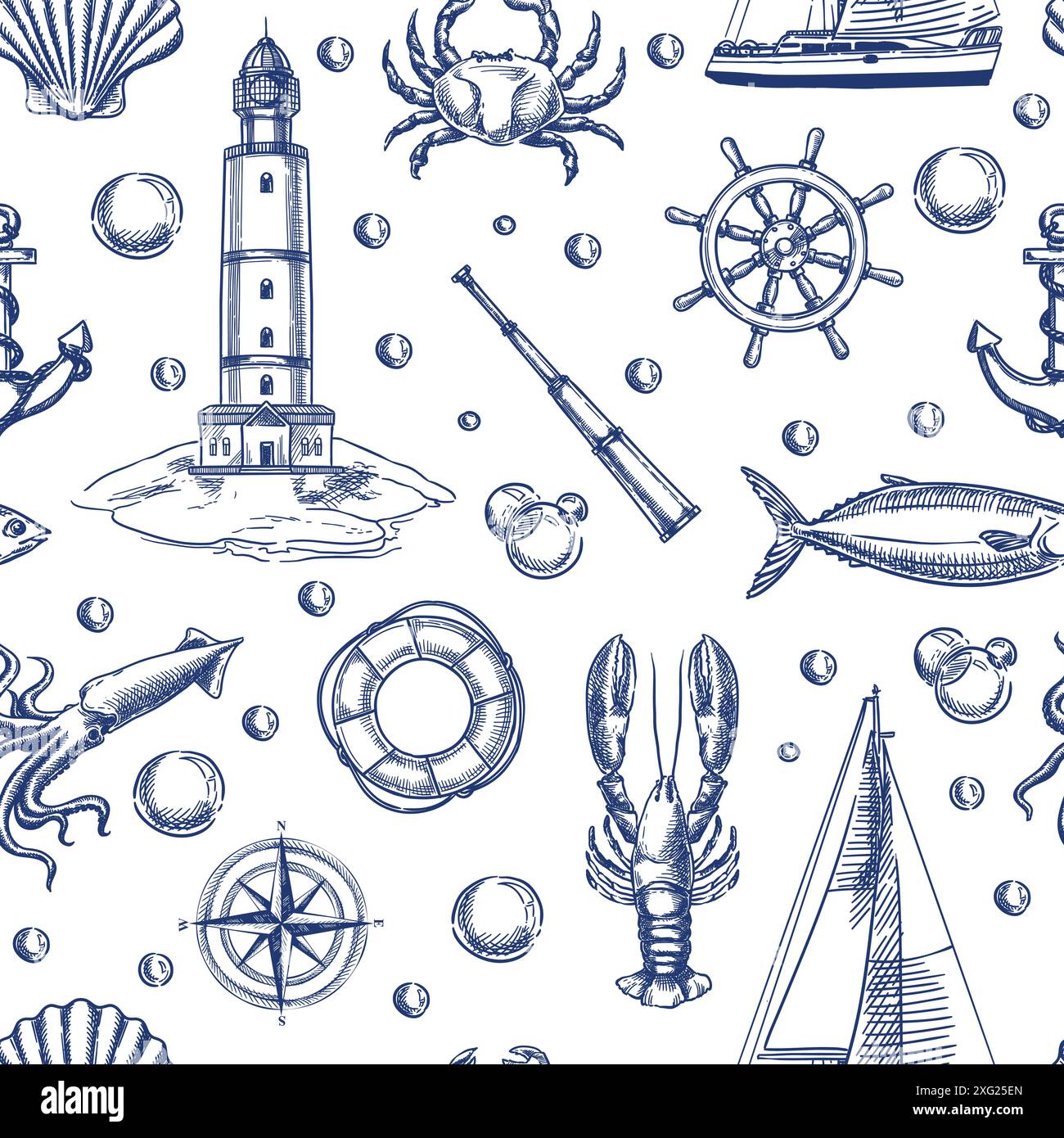 Nahtloses Muster im nautischen Vintage-Stil mit Leuchtturm, Schiff, Anker und Meerestieren. Vektorgrafik von Hand gezeichnet. Hintergrund für die Seefahrt. Mode Stock Vektor