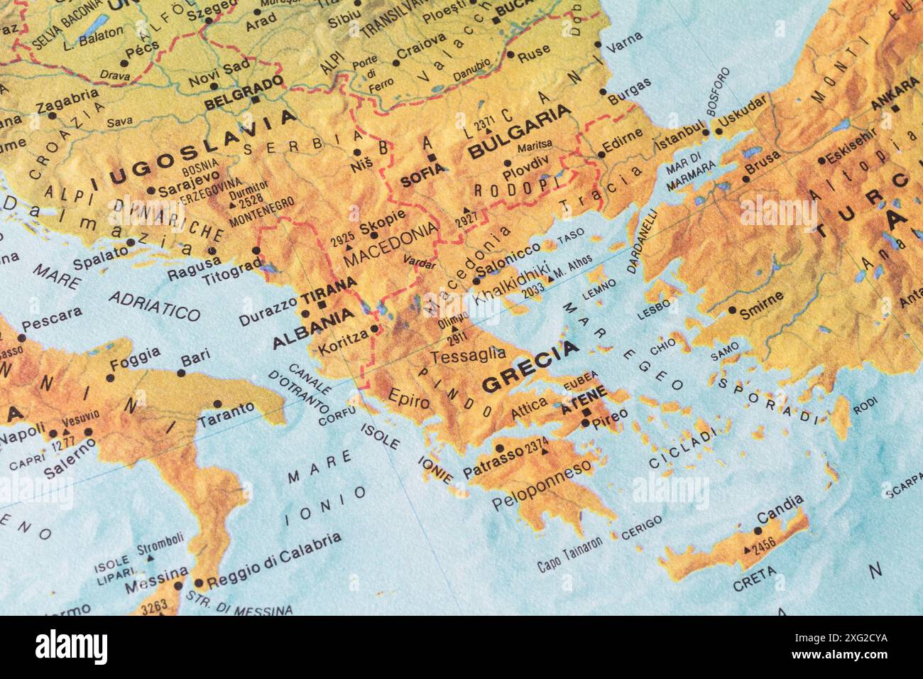 Alte Karte von Südeuropa und Balkan mit Ex-Jugoslawien, Albanien, Griechenland, Bulgarien und Türkei Stockfoto