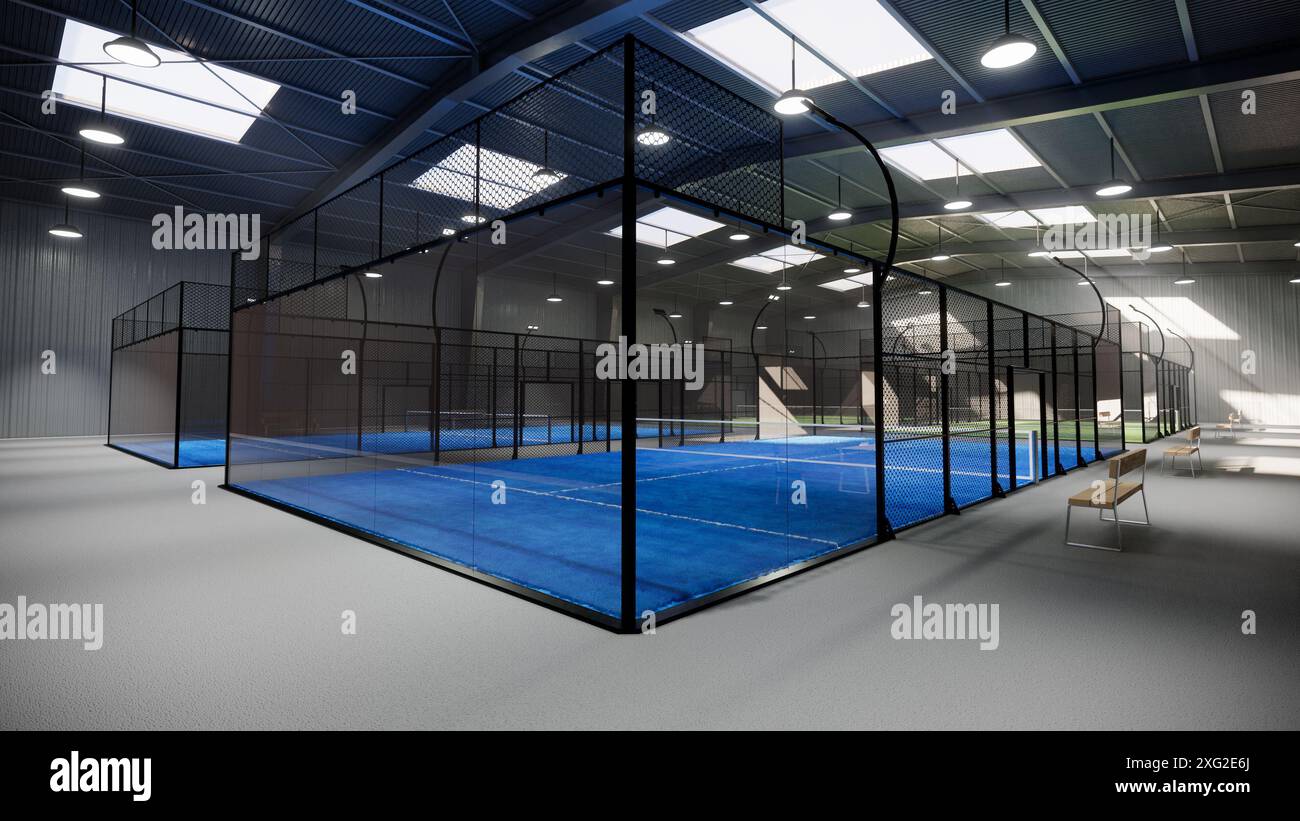Visualisierung der blauen Padel-Tennisplätze in einem Lagergebäude im Bereich des Sportkomplexes. Mit Leuchten Stockfoto