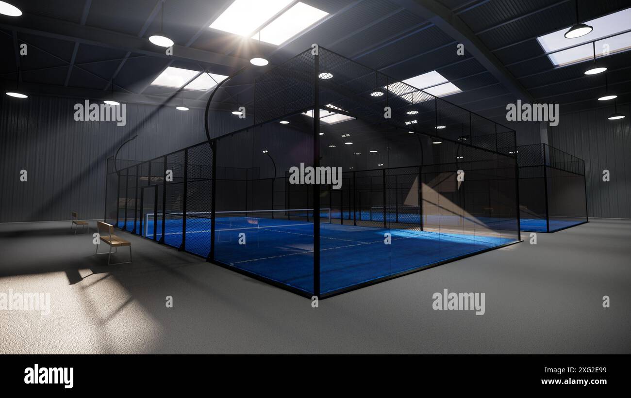 Blaue Padel-Tennisplätze in einem Lagergebäude mit Holzbank im Sportkomplex. Wenn die Lichter nicht ausgeschaltet sind, du Stockfoto