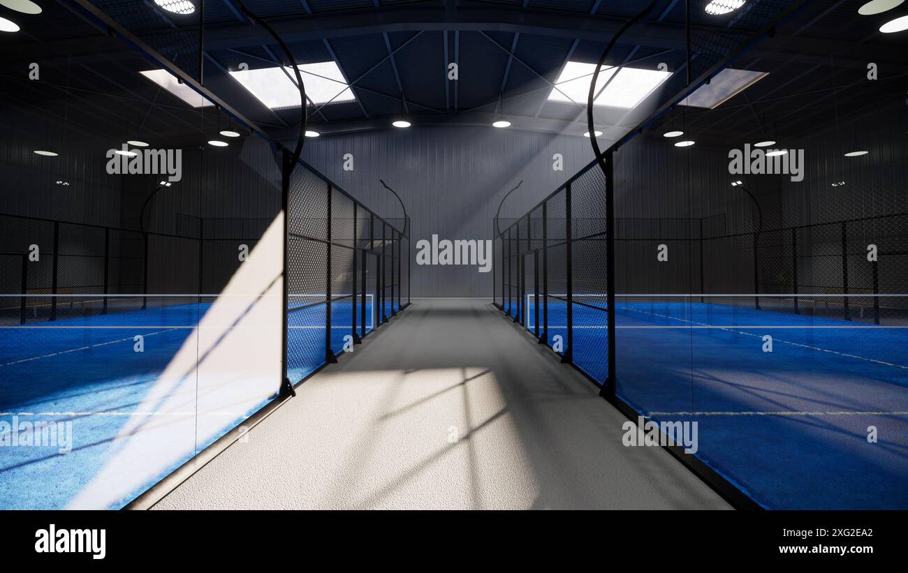 Blick auf Augenhöhe auf ungenutzte blaue Padel-Tennisplätze in einem Lagergebäude, das sich im Bereich des Sportkomplexes befindet. Wenn die Lichter gleichmäßig eingeschaltet sind Stockfoto