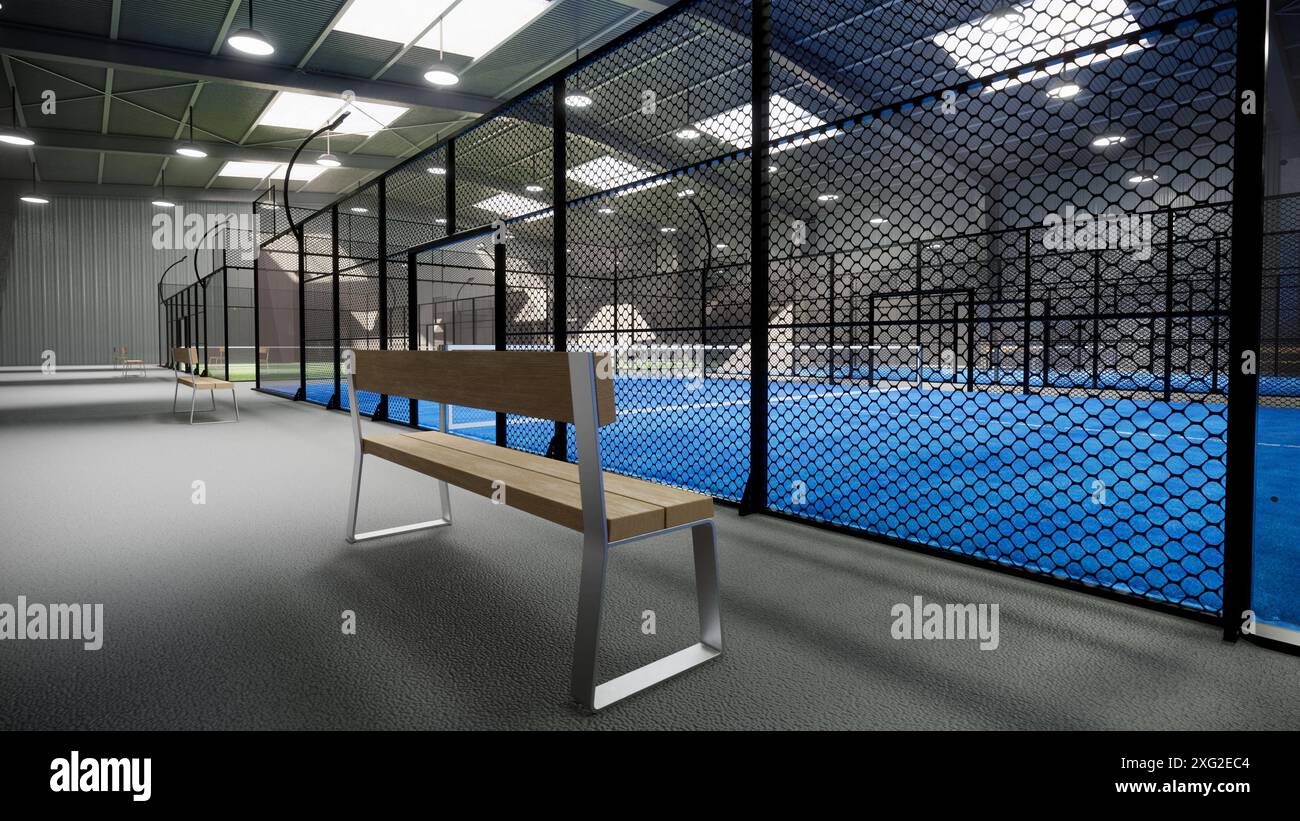 Holzbank auf leerstehenden blauen Padel-Tennisplätzen in einem Lagergebäude mit Holzbank im Sportkomplex. Mit l Stockfoto