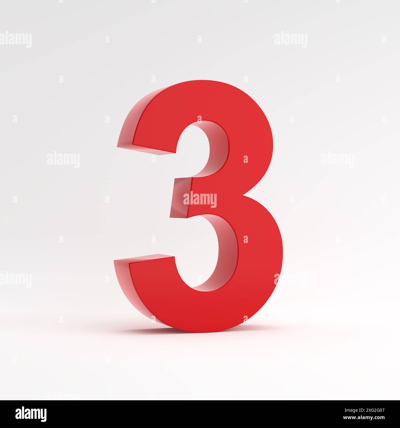 Rote Nummer drei 3 auf weißem Hintergrund. 3D-Rendering. Stockfoto