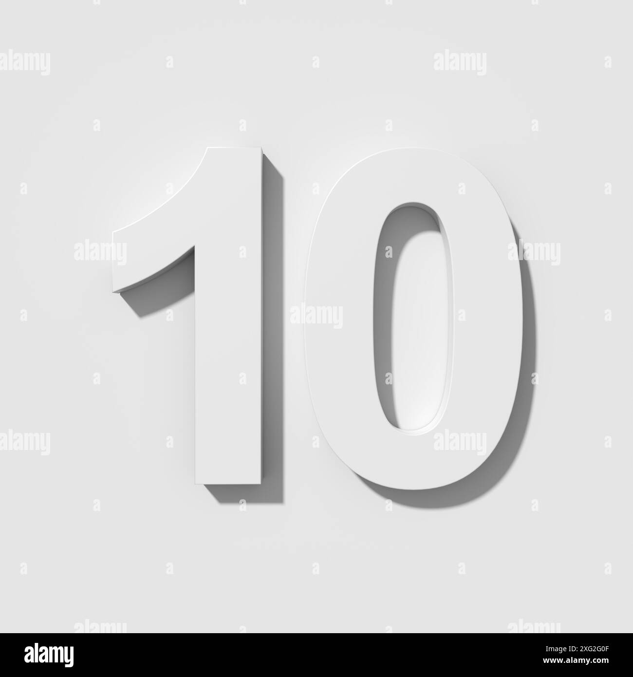 Weiße Zahl 10 auf weißem Hintergrund. Draufsicht. 3D-Rendering. Stockfoto