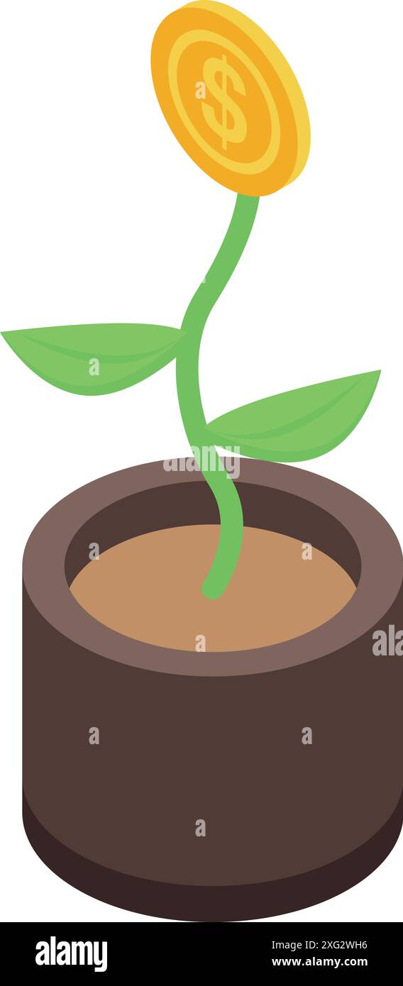 Goldene Münze wächst auf einer Pflanze in einem Topf, die das Wachstum von Investitionen symbolisiert Stock Vektor