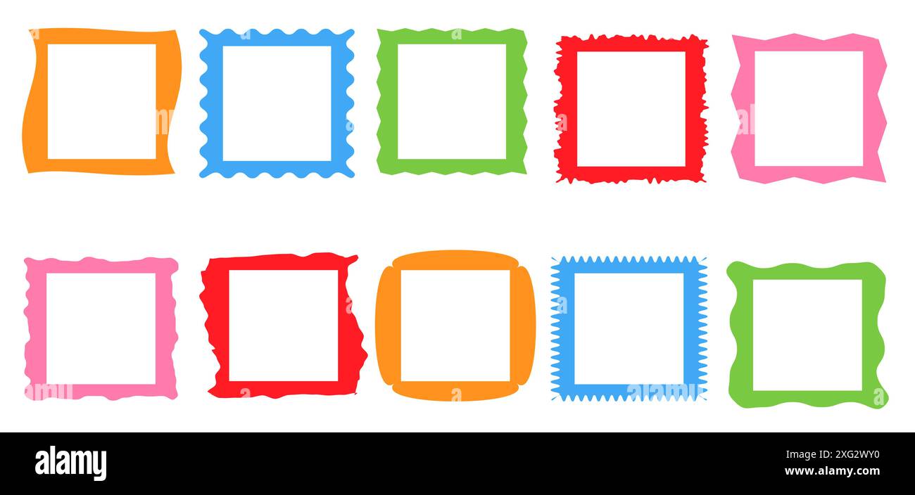 Farbige Rahmen-Set für Squiggle. Gekreuzte Kanten, Retro-Jakobsmuschel gelb, rosa, grün, rote Rahmen, psychedelische Quadrate, groovige Formen gesetzt Stock Vektor