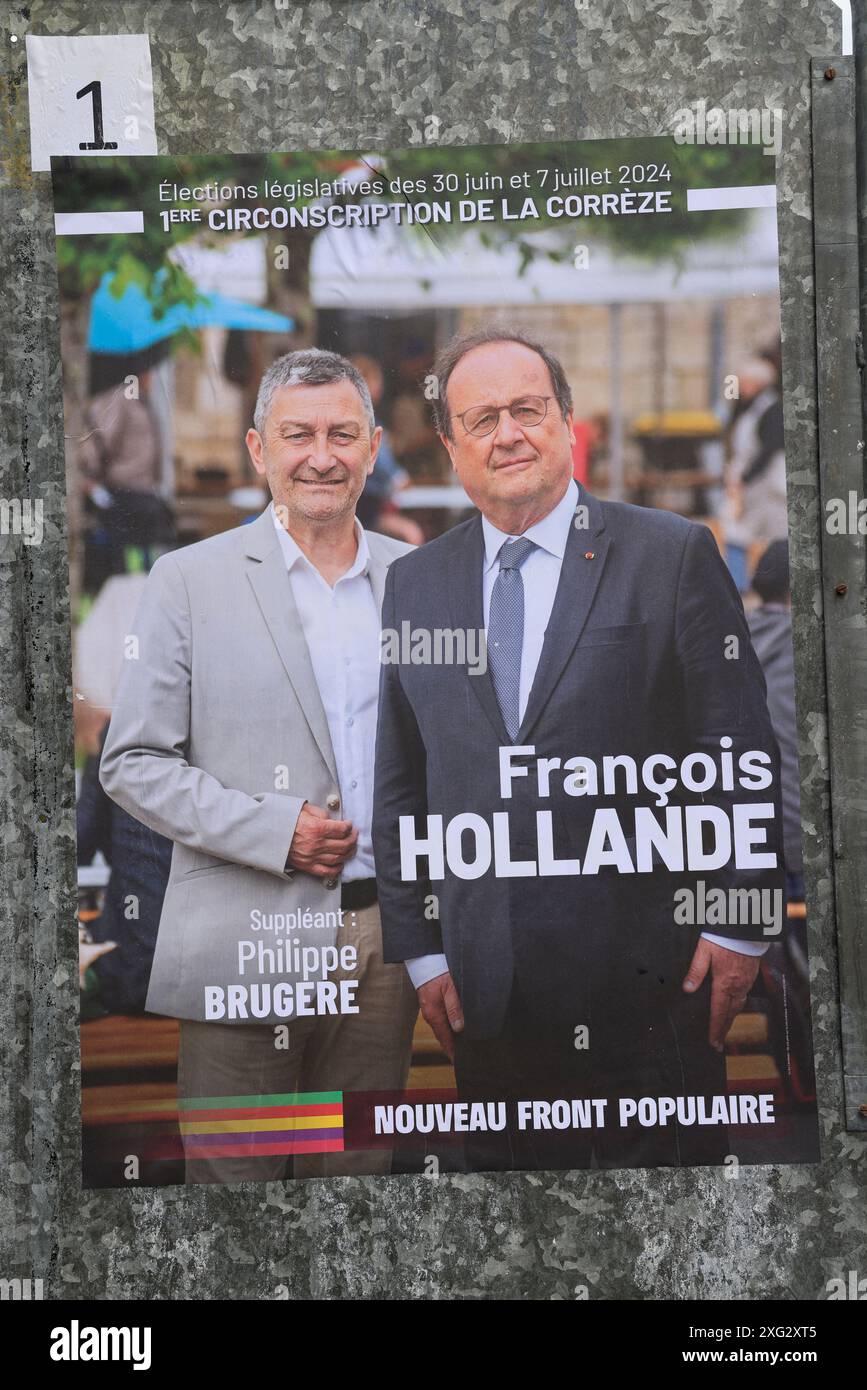 Corrèze, Frankreich. Juli 2024. Plakate der Kandidaten für die Dreieckswahlen der zweiten Runde der frühen Parlamentswahlen 2024 im 1. Wahlkreis Corrèze in Frankreich: Francois Hollande (neue Volksfront), Francis Dubois (republikanische und unabhängige Rechte), Maitey Pouget (Rassemblement National). Corrèze, Limousin, Frankreich, Europa. Foto von HM Images/Alamy Live News. Stockfoto