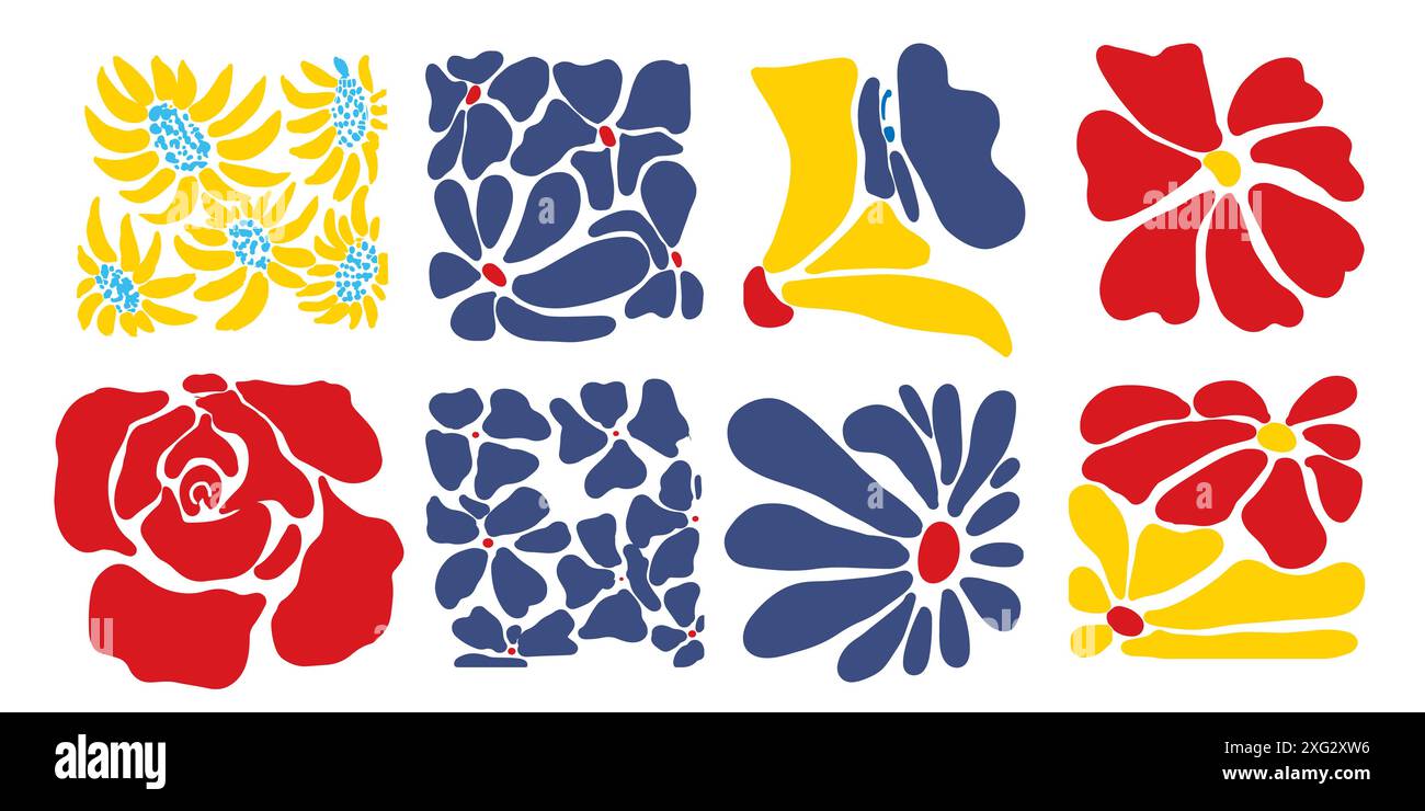Boho-farbige Blumen isoliert. Minimales Design. Design in Blau, Gelb, Rot. Stock Vektor Boho-farbige Blumen isoliert. Minimales Design. Design in Blau, Gelb, Rot. Stock Vektor