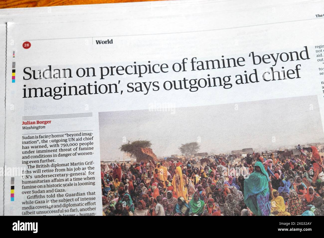 "Sudan am Rande der Hungersnot "jenseits der Phantasie" sagt scheidender Leiter der Hilfe" Guardian-Zeitung titelt UN-humanitäre artikel 1 Juli 2024 London Vereinigtes Königreich Stockfoto
