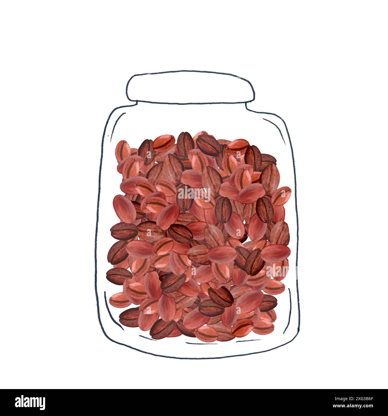 Schwarze Kaffeebohnen in einem Glas Illustration in Aquarell isoliert auf weißem Hintergrund, handgezeichnet für Lebensmitteldesign. Ideal für Gewürzbehälter Stockfoto