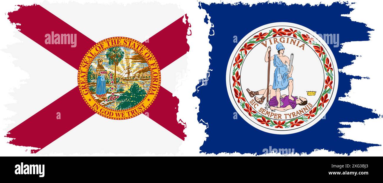 Virginia und Florida staaten Grunge Pinsel Flags Verbindung, Vektor Stock Vektor