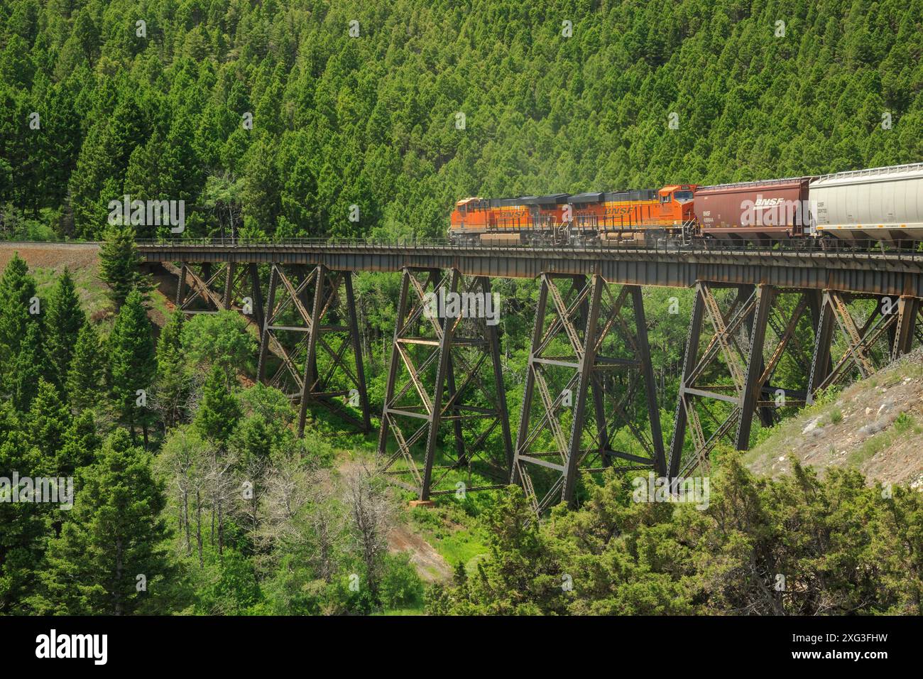 Der Güterzug nach mullan führt über die kontinentale Wasserscheide über einen Höhenruder in der Nähe von austin, montana Stockfoto