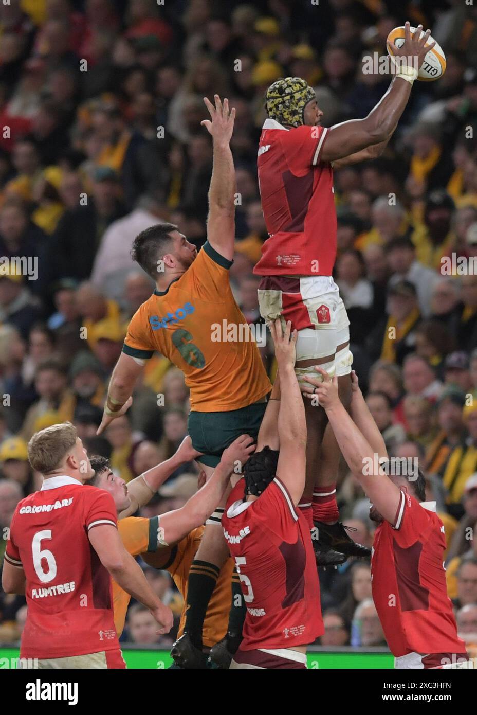 Sydney, Australien. Juli 2024. Liam Wright (L) von der australischen Männer Rugby-Mannschaft und Christ Tshiunza (R) von Wales Männer Rugby-Team werden während des Men's Rugby International Matches zwischen Australien und Wales im Allianz Stadium in Aktion gesehen. Endpunktzahl; Australien 25:16 Wales. Quelle: SOPA Images Limited/Alamy Live News Stockfoto