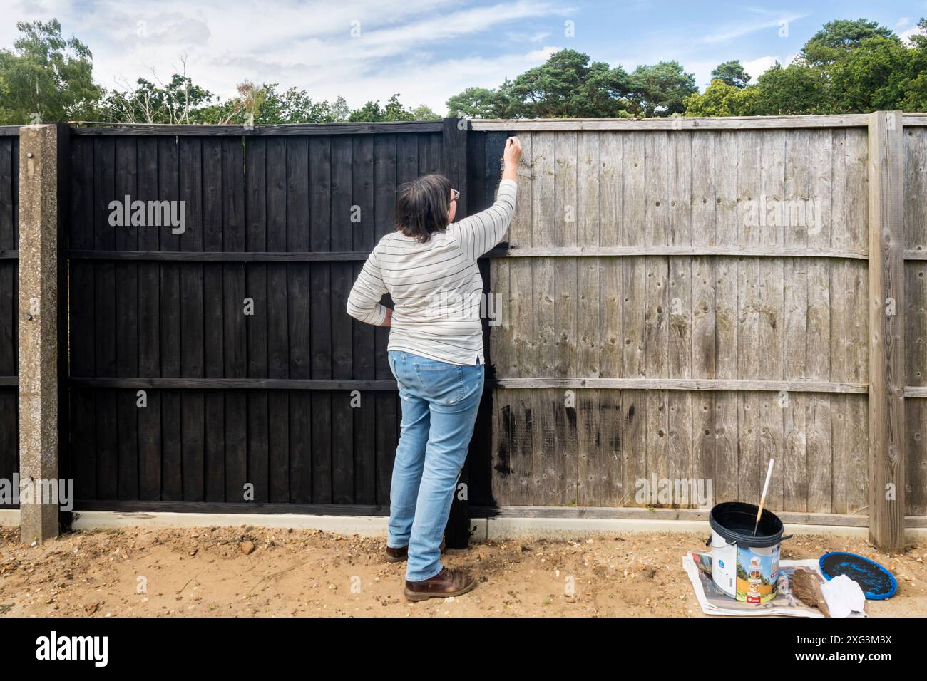 Frau, die Gartenzaun anmalt. Stockfoto