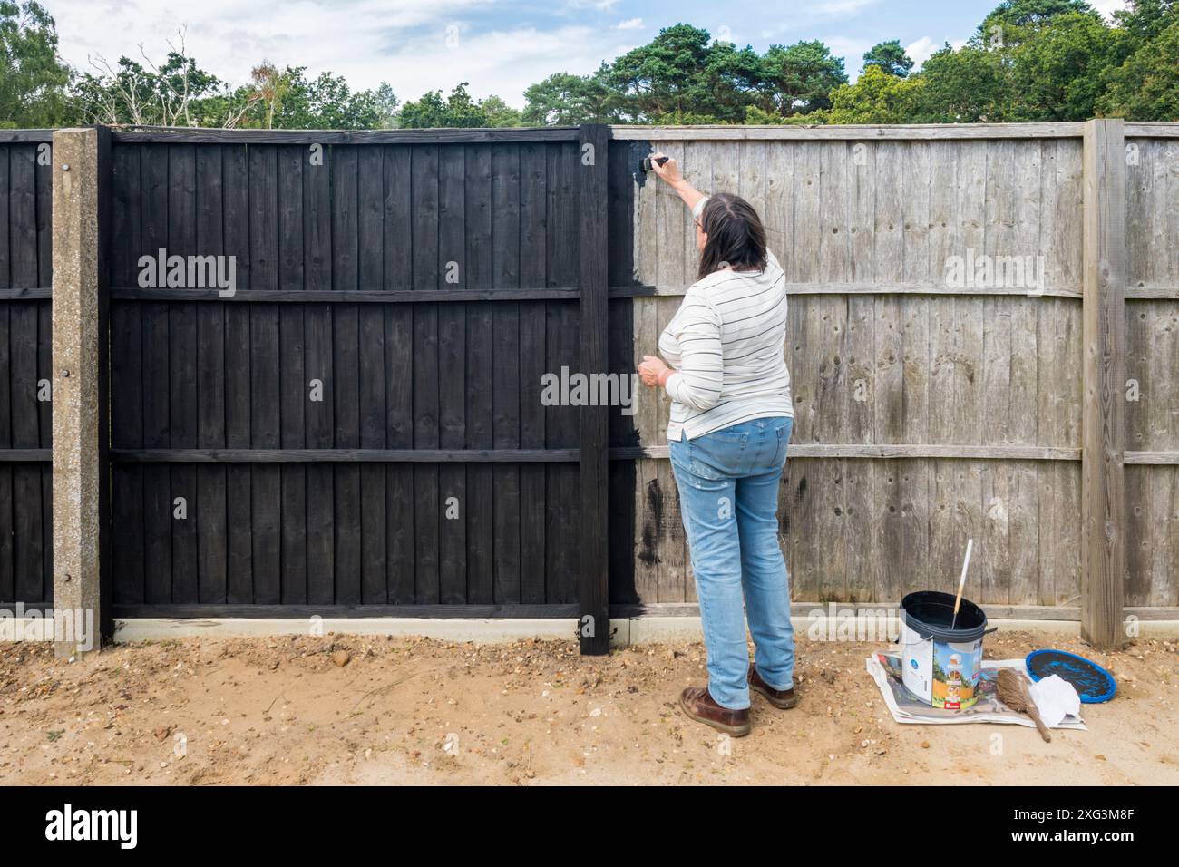 Frau, die Gartenzaun anmalt. Stockfoto