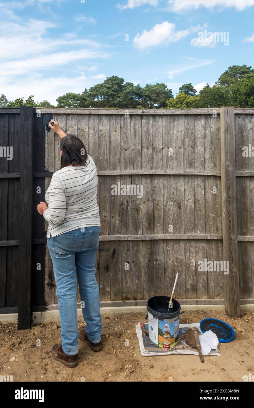 Frau, die Gartenzaun anmalt. Stockfoto