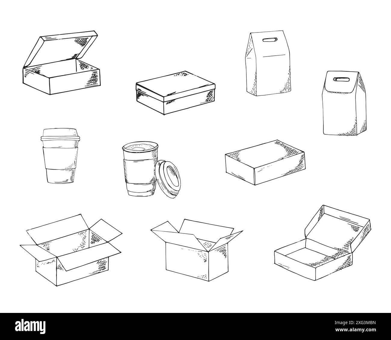 Handgezeichnete Bastelboxen und Kaffeetassen. Lunchtaschen, Briefkästen und Kaffeetassen geschlossen und geöffnet. Stock Vektor