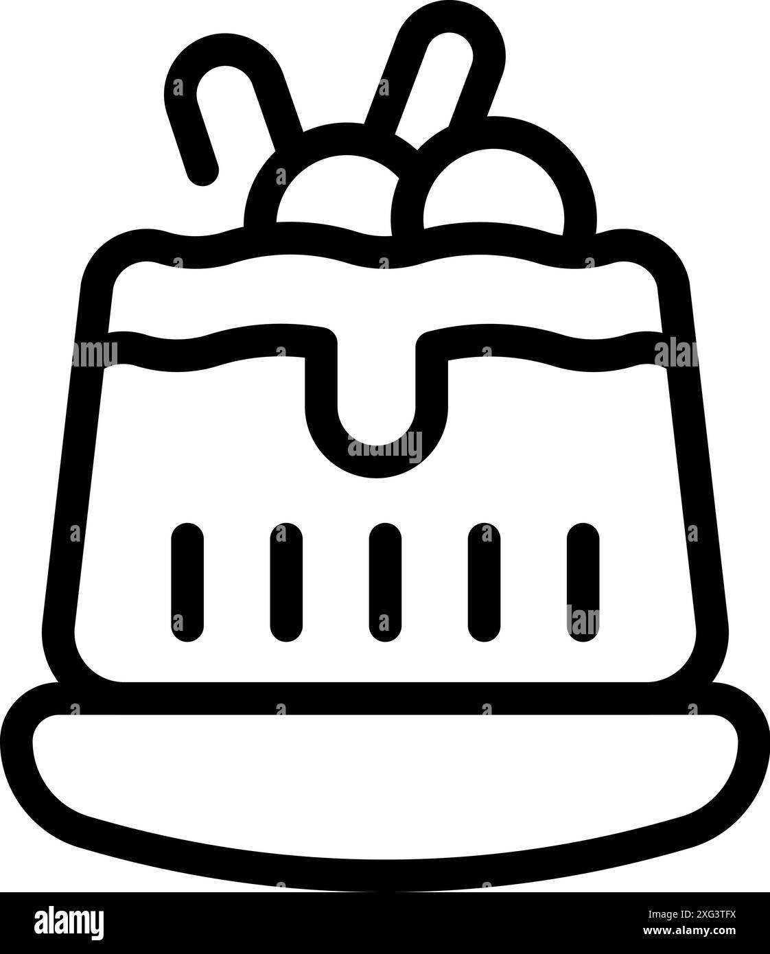 Einfache Linienzeichnung eines Kuchens mit Kirschen auf der Oberseite, symbolisiert Feier und süße Leckereien Stock Vektor
