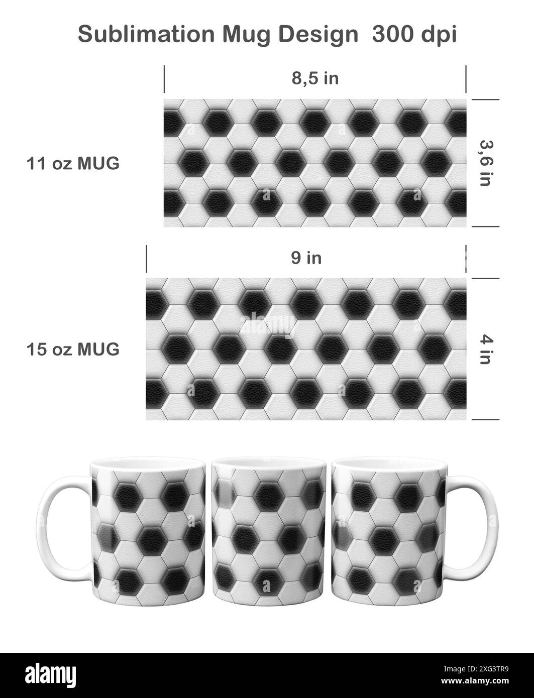 Fußball-Muster für Sublimation 11 oz und 15 oz Kaffeetasse. Sublimationsdarstellung. Stockfoto