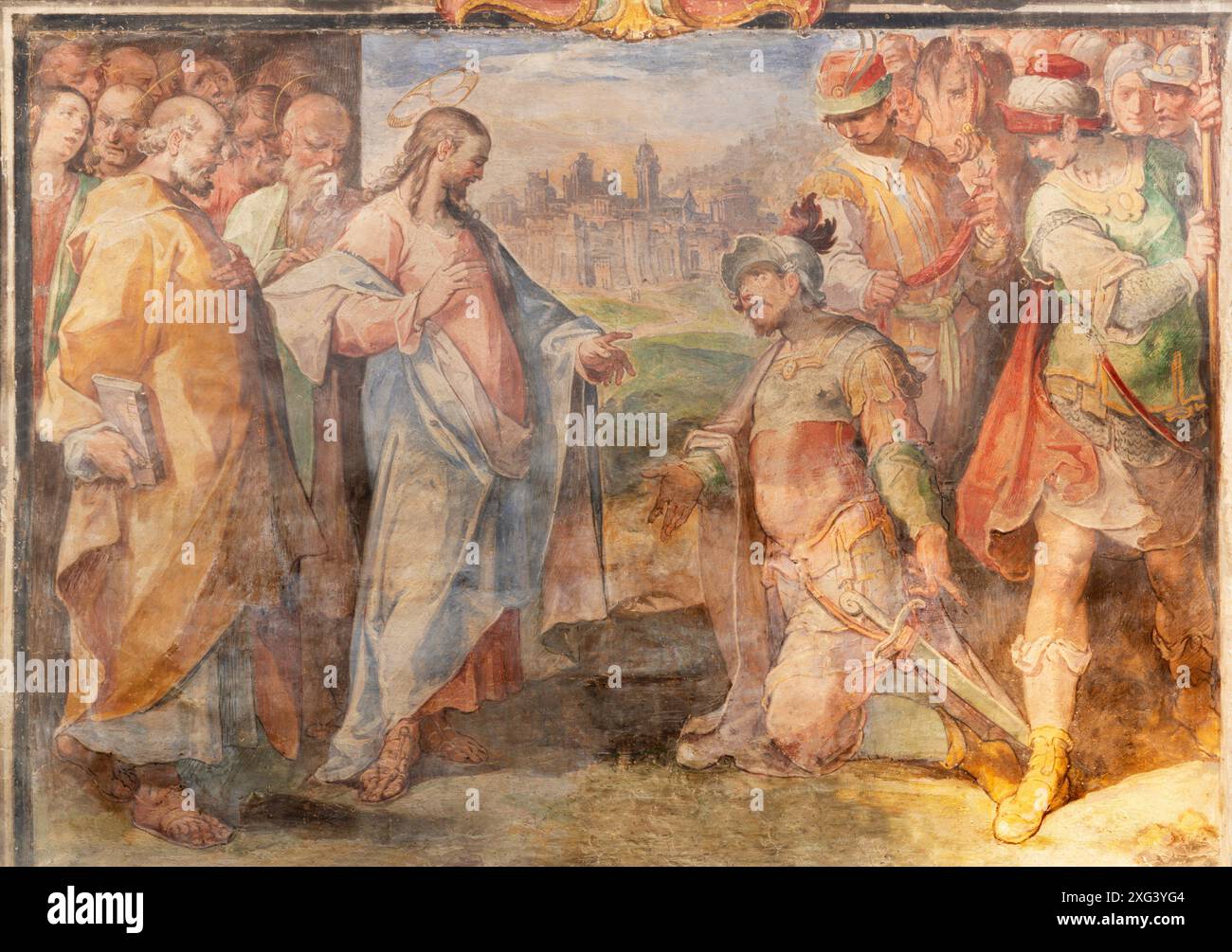 PERUGIA, ITALIEN - 18. MAI 2024: Das Fresko Jesu heilt einen Centurions Diener in der Basilika di San Pietro von Giovanni Battista Lombardelli Stockfoto