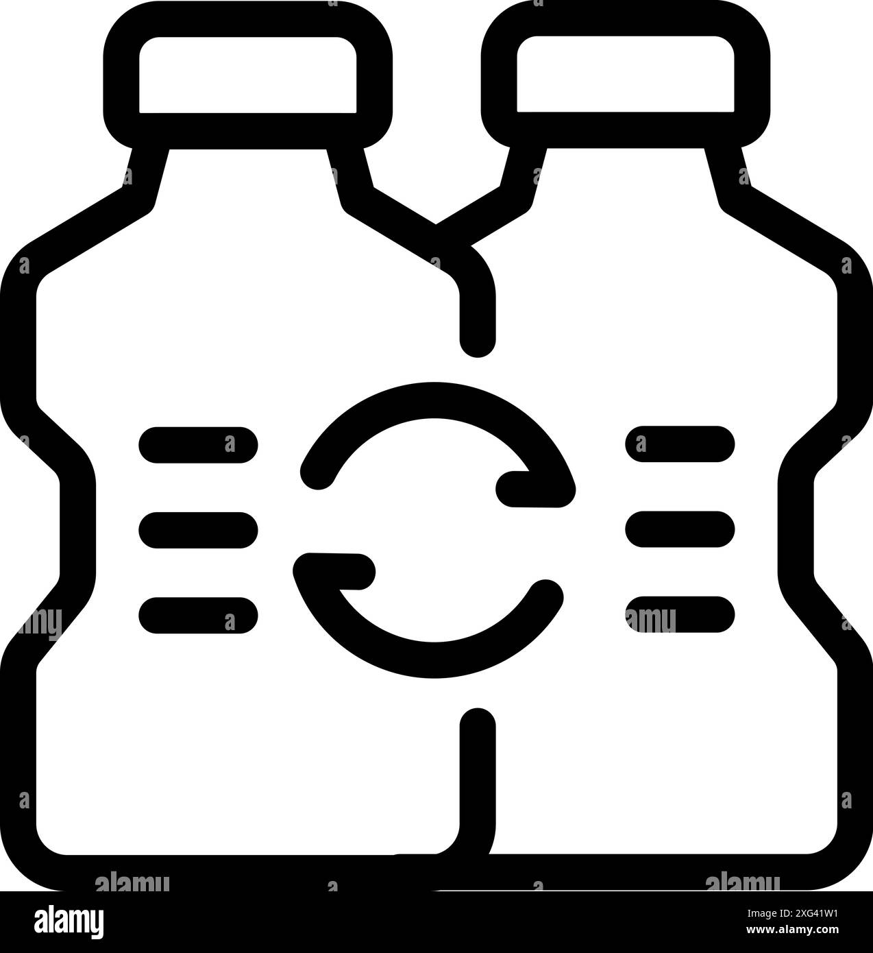 Liniensymbol von zwei Plastikflaschen mit Recycling-Schild, das das Umweltbewusstsein und den verantwortungsvollen Konsum fördert Stock Vektor