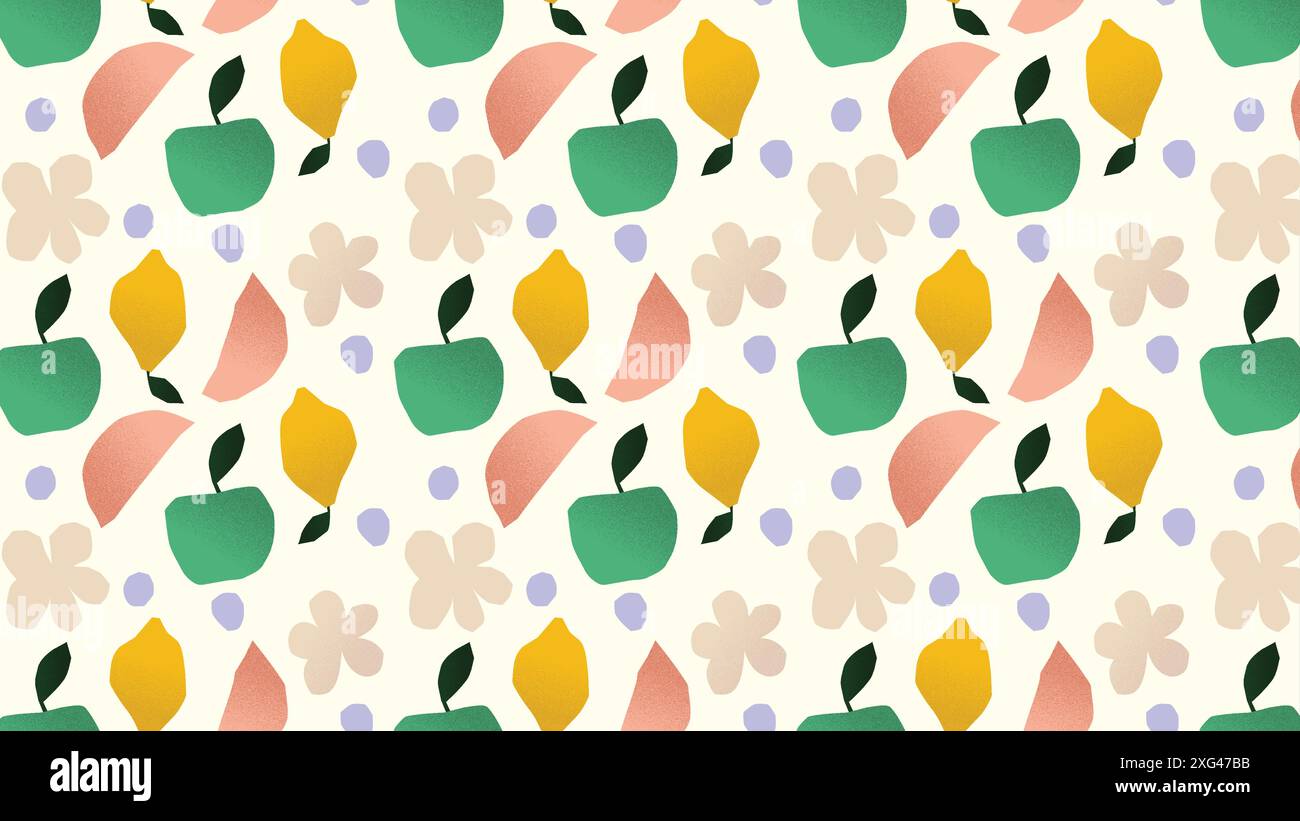 Nahtloses Muster von Früchten und Blättern. Oberflächenmusterkonstruktion. Apfel, Zitrone, Pfirsich, Blume, Blatt, Blaubeere Stock Vektor