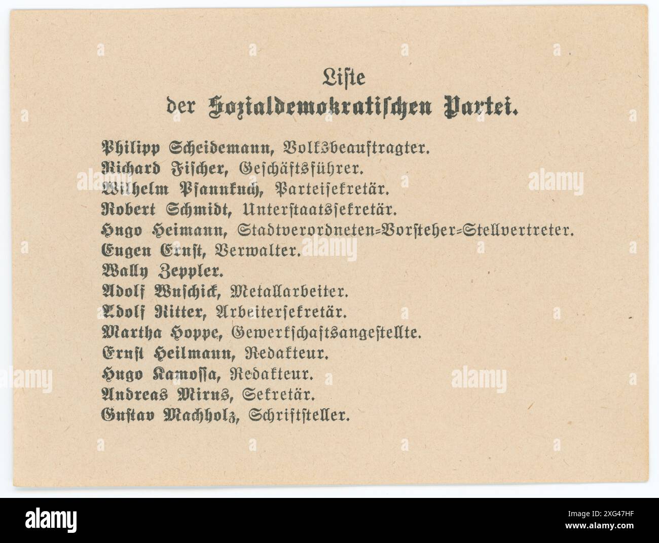 Stimmzettel/ Wahlzettel der Reichstagswahl 1920 - die Reichstagswahl vom 6. Juni 1920 war die zweite Wahl während der Weimarer Republik und die erste zu einem regulären Deutschen Reichstag. Die Bundestagswahl 1920 fand am 6. Juni 1920 zur Wahl des ersten Reichstags der Weimarer Republik statt. Sie folgte der im Januar 1919 gewählten Weimarer Nationalversammlung, die die republikanische Verfassung ausgearbeitet und ratifiziert hatte. Stockfoto