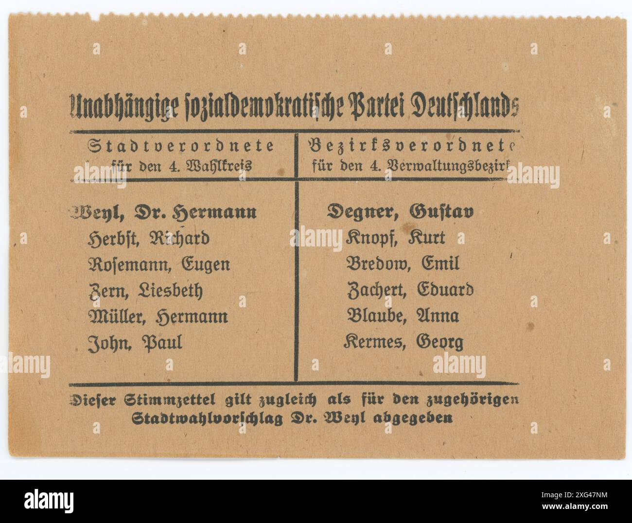 Stimmzettel/ Wahlzettel der Reichstagswahl 1920 - die Reichstagswahl vom 6. Juni 1920 war die zweite Wahl während der Weimarer Republik und die erste zu einem regulären Deutschen Reichstag. Die Bundestagswahl 1920 fand am 6. Juni 1920 zur Wahl des ersten Reichstags der Weimarer Republik statt. Sie folgte der im Januar 1919 gewählten Weimarer Nationalversammlung, die die republikanische Verfassung ausgearbeitet und ratifiziert hatte. Stockfoto