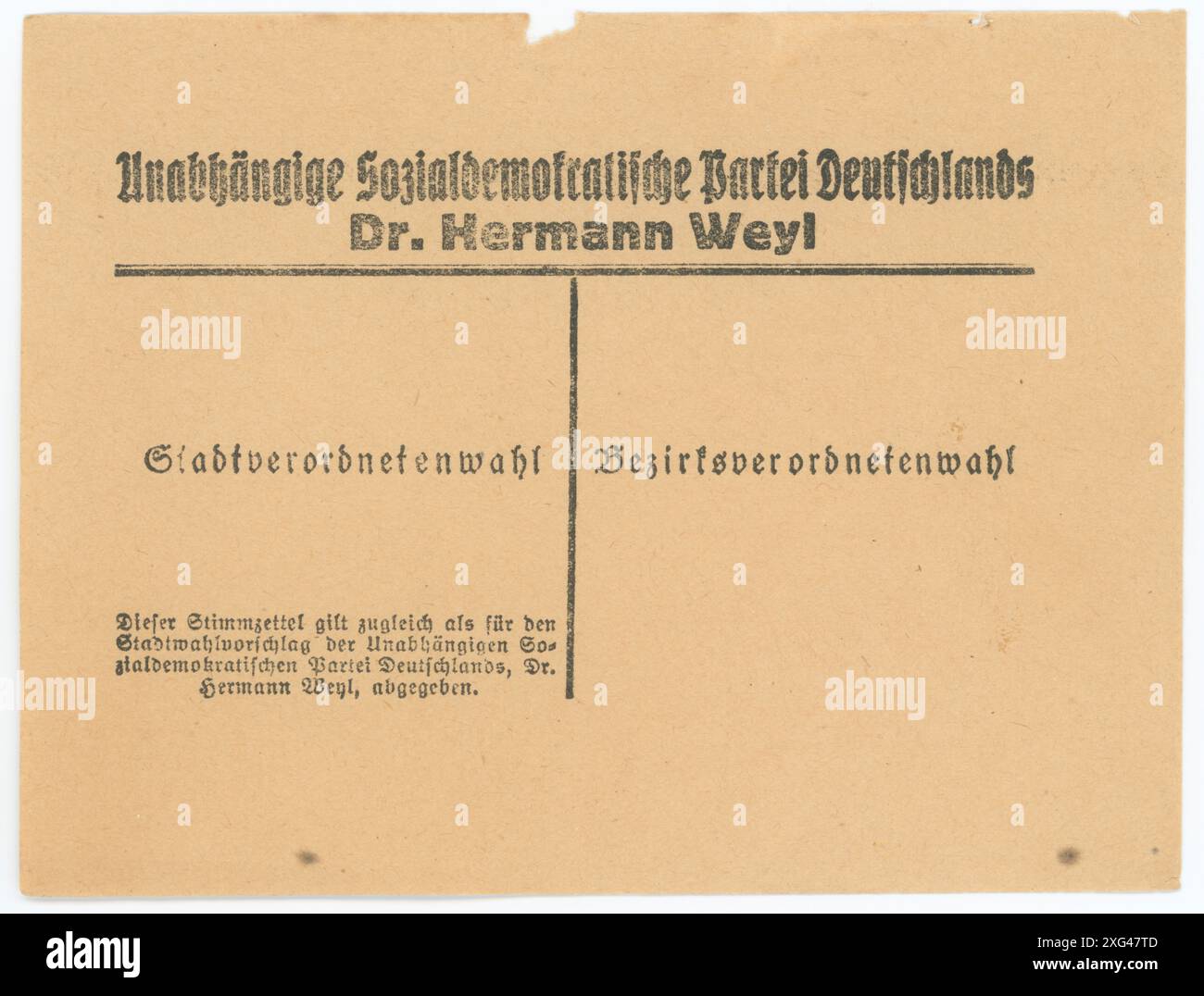 Stimmzettel/ Wahlzettel der Reichstagswahl 1920 - die Reichstagswahl vom 6. Juni 1920 war die zweite Wahl während der Weimarer Republik und die erste zu einem regulären Deutschen Reichstag. Die Bundestagswahl 1920 fand am 6. Juni 1920 zur Wahl des ersten Reichstags der Weimarer Republik statt. Sie folgte der im Januar 1919 gewählten Weimarer Nationalversammlung, die die republikanische Verfassung ausgearbeitet und ratifiziert hatte. Stockfoto
