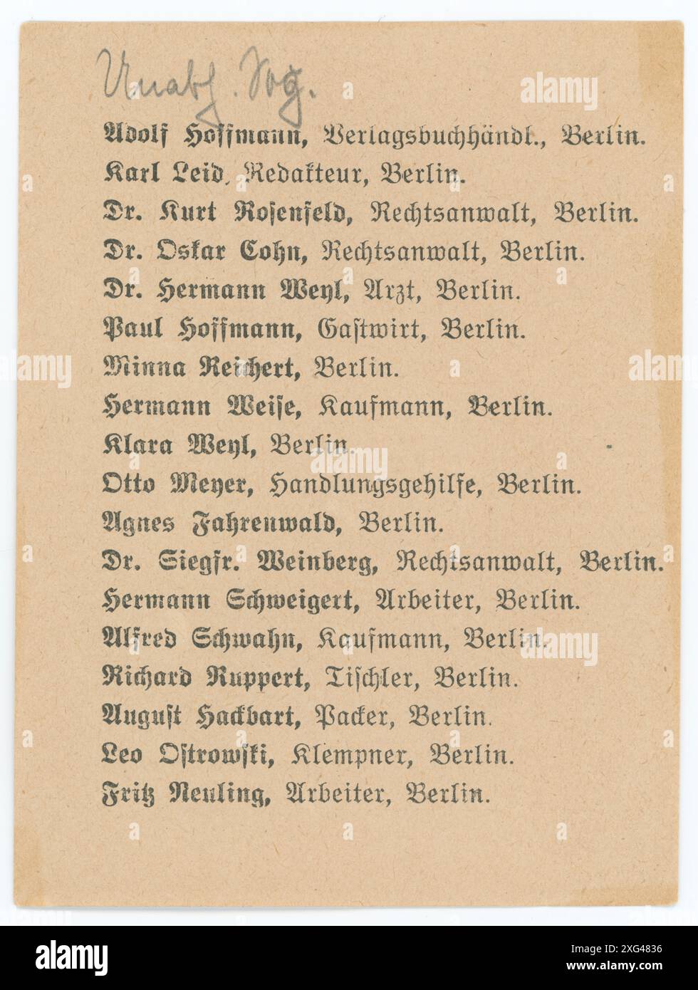 Stimmzettel/ Wahlzettel der Reichstagswahl 1920 - die Reichstagswahl vom 6. Juni 1920 war die zweite Wahl während der Weimarer Republik und die erste zu einem regulären Deutschen Reichstag. Die Bundestagswahl 1920 fand am 6. Juni 1920 zur Wahl des ersten Reichstags der Weimarer Republik statt. Sie folgte der im Januar 1919 gewählten Weimarer Nationalversammlung, die die republikanische Verfassung ausgearbeitet und ratifiziert hatte. Stockfoto