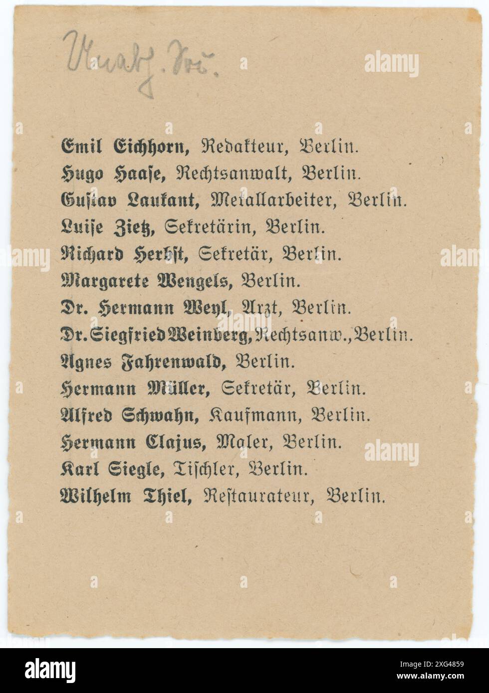 Stimmzettel/ Wahlzettel der Reichstagswahl 1920 - die Reichstagswahl vom 6. Juni 1920 war die zweite Wahl während der Weimarer Republik und die erste zu einem regulären Deutschen Reichstag. Die Bundestagswahl 1920 fand am 6. Juni 1920 zur Wahl des ersten Reichstags der Weimarer Republik statt. Sie folgte der im Januar 1919 gewählten Weimarer Nationalversammlung, die die republikanische Verfassung ausgearbeitet und ratifiziert hatte. Stockfoto