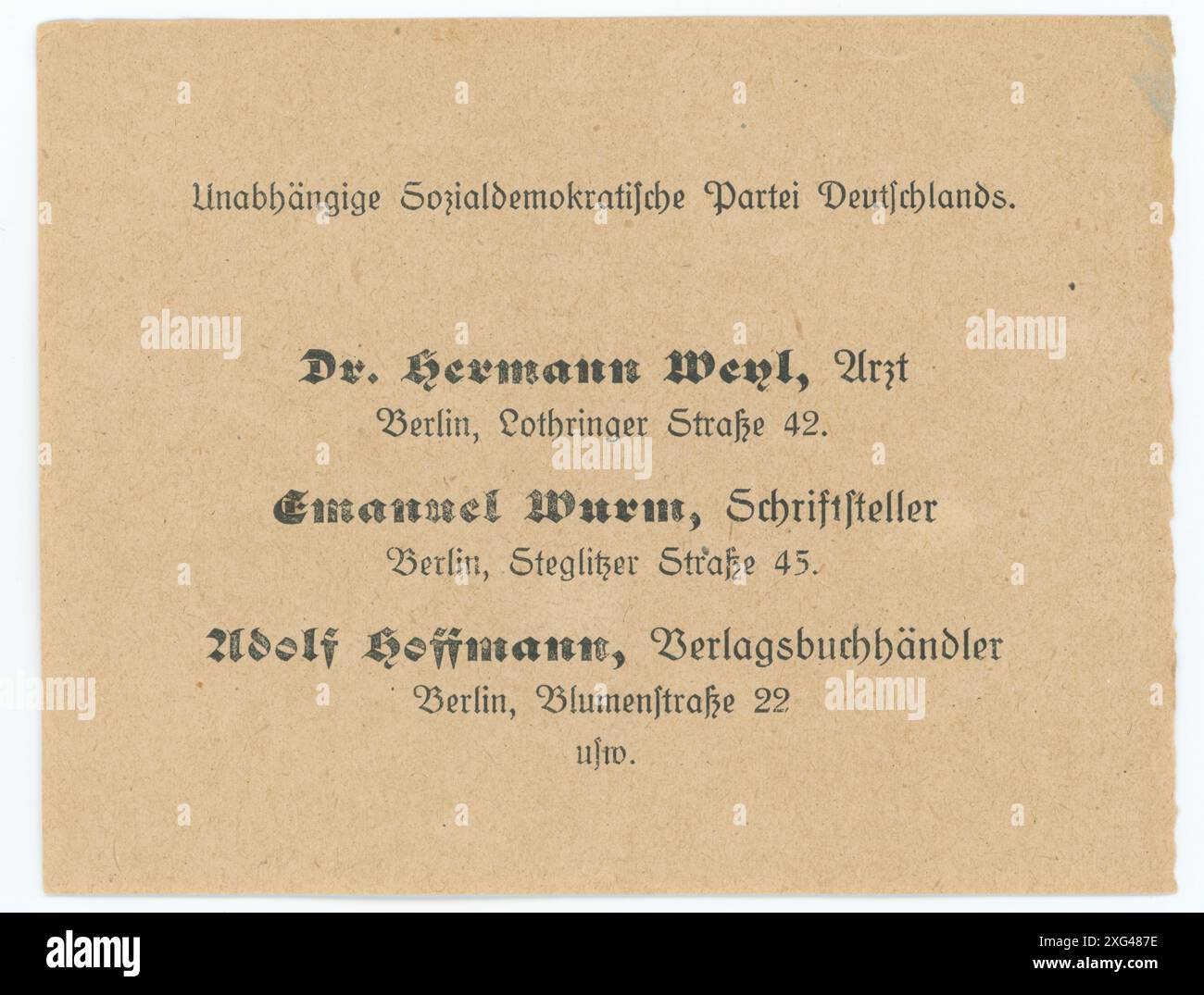 Stimmzettel/ Wahlzettel der Reichstagswahl 1920 - die Reichstagswahl vom 6. Juni 1920 war die zweite Wahl während der Weimarer Republik und die erste zu einem regulären Deutschen Reichstag. Die Bundestagswahl 1920 fand am 6. Juni 1920 zur Wahl des ersten Reichstags der Weimarer Republik statt. Sie folgte der im Januar 1919 gewählten Weimarer Nationalversammlung, die die republikanische Verfassung ausgearbeitet und ratifiziert hatte. Stockfoto