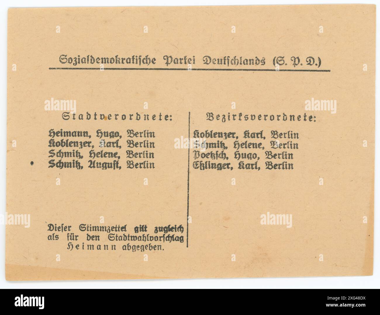 Stimmzettel/ Wahlzettel der Reichstagswahl 1920 - die Reichstagswahl vom 6. Juni 1920 war die zweite Wahl während der Weimarer Republik und die erste zu einem regulären Deutschen Reichstag. Die Bundestagswahl 1920 fand am 6. Juni 1920 zur Wahl des ersten Reichstags der Weimarer Republik statt. Sie folgte der im Januar 1919 gewählten Weimarer Nationalversammlung, die die republikanische Verfassung ausgearbeitet und ratifiziert hatte. Stockfoto