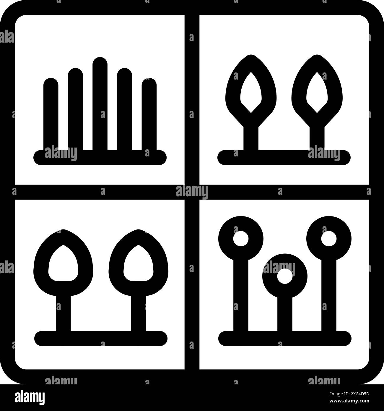 Symbol für ein Gartendesign-Projekt, das verschiedene Pflanzen von Bäumen und Hecken zeigt Stock Vektor