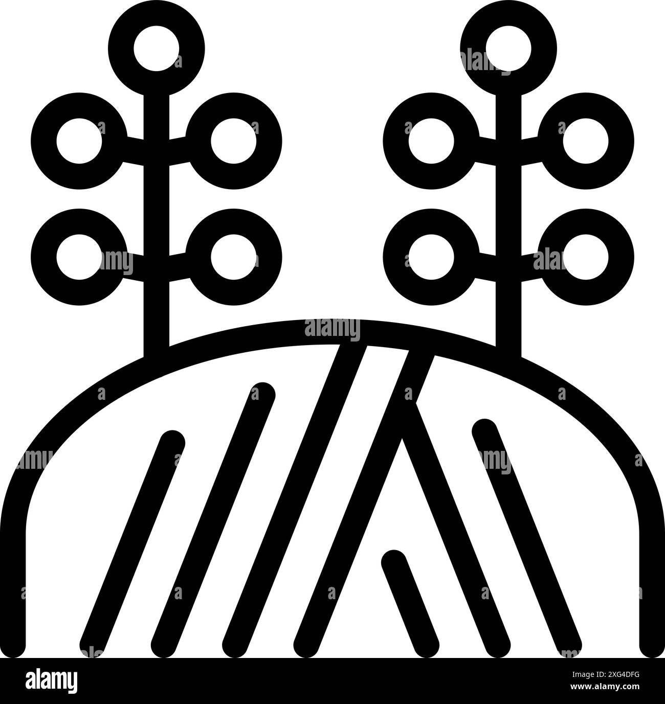 Liniensymbol zweier Pflanzen, die auf einem gepflügten Feld wachsen und landwirtschaftliche Praktiken darstellen Stock Vektor