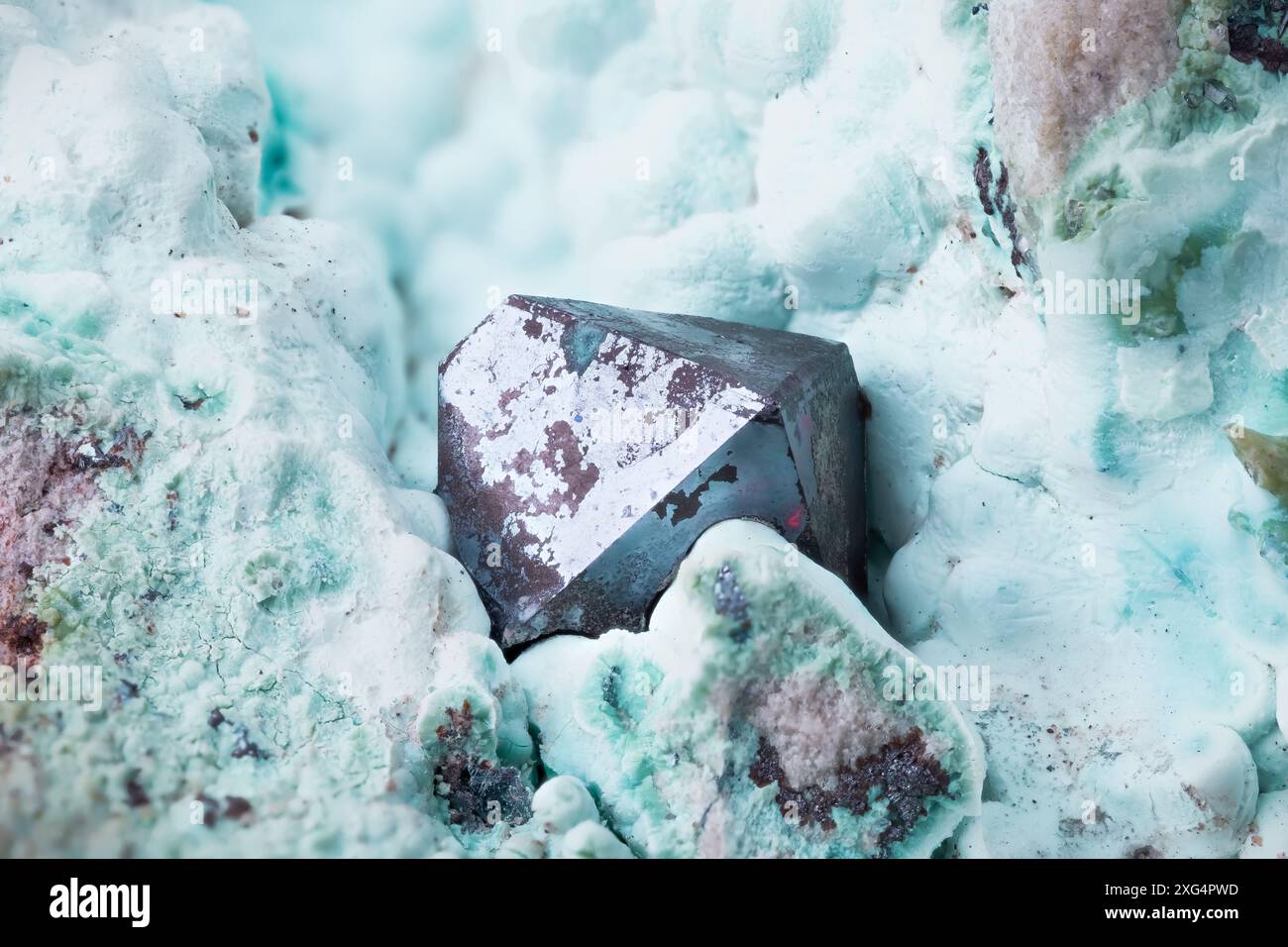 Cuprit über Chrysocolla-Makrofotografie. Exemplar von Mashamba West Mine, Kolwezi, Lualaba, Dr. Kongo. Hintergrund für Detailtextur. Nahaufnahme roh, rau Stockfoto