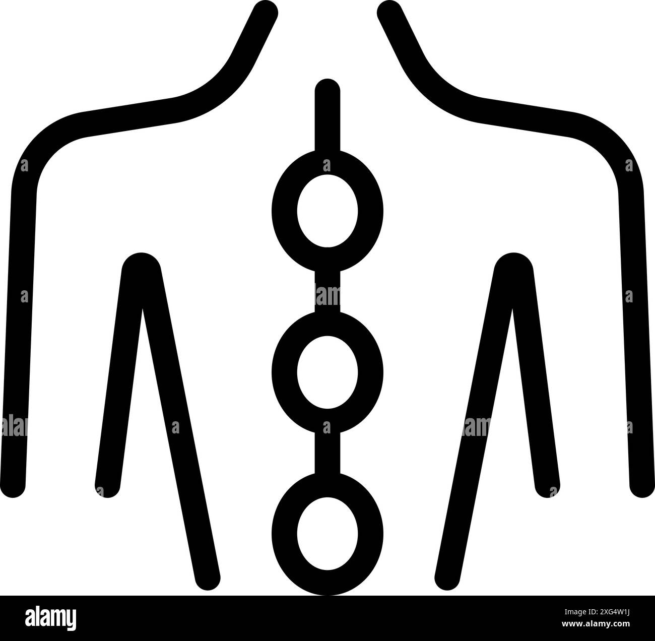 Einfache schwarz-weiße Strichgrafik-Ikone eines menschlichen Körpers, die drei Hauptchakren zeigt, die sich an der Wirbelsäule ausrichten Stock Vektor