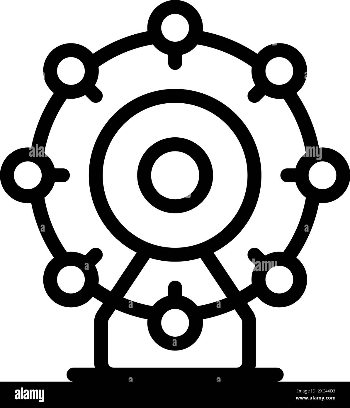 Die Strichkunst-Ikone eines Riesenrads mit Hütten, die Attraktionen des Vergnügungsparks darstellen Stock Vektor