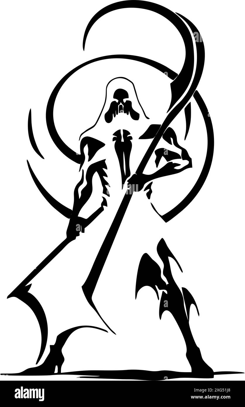 Schwarze grafische Silhouette des Reaper of Death, Abzeichen, Logo, Tattoo Stockfoto