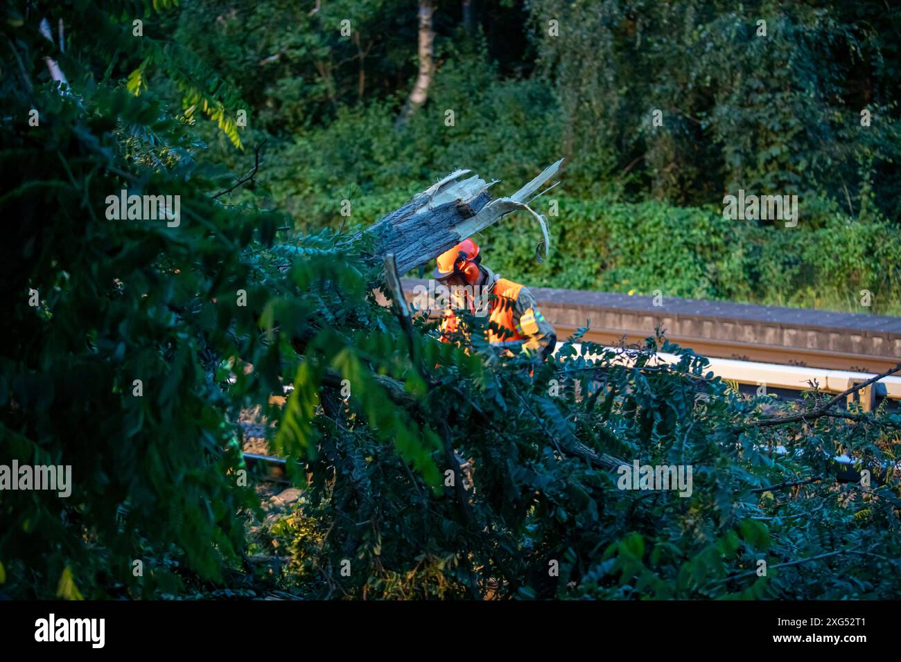 Unwetter in Berlin: Feuerwehr im Ausnahmezustand - Baum stürzt, ab dem späten Samstagabend befindet sich die Berliner Feuerwehr im Ausnahmezustand. Heftige Unwetter mit Starkregen, Sturmböen und Hagel ziehen über die Hauptstadt und fordern rund 50 Einsätze. Die Feuerwehr priorisierte die Einsätze nach Dringlichkeit. Von einem Baum brach ein Teil der Krone ab und stürzte auf die S-Bahn-Gleise am Matthäifriedhofsweg in Berlin-Schöneberg und ragte auf die Schienen der Linien S1, S2, S25, S26 und S7. Der Bahnverkehr muss für die Beseitigung rund zwei Stunden unterbrochen werden. Die Berliner Stockfoto