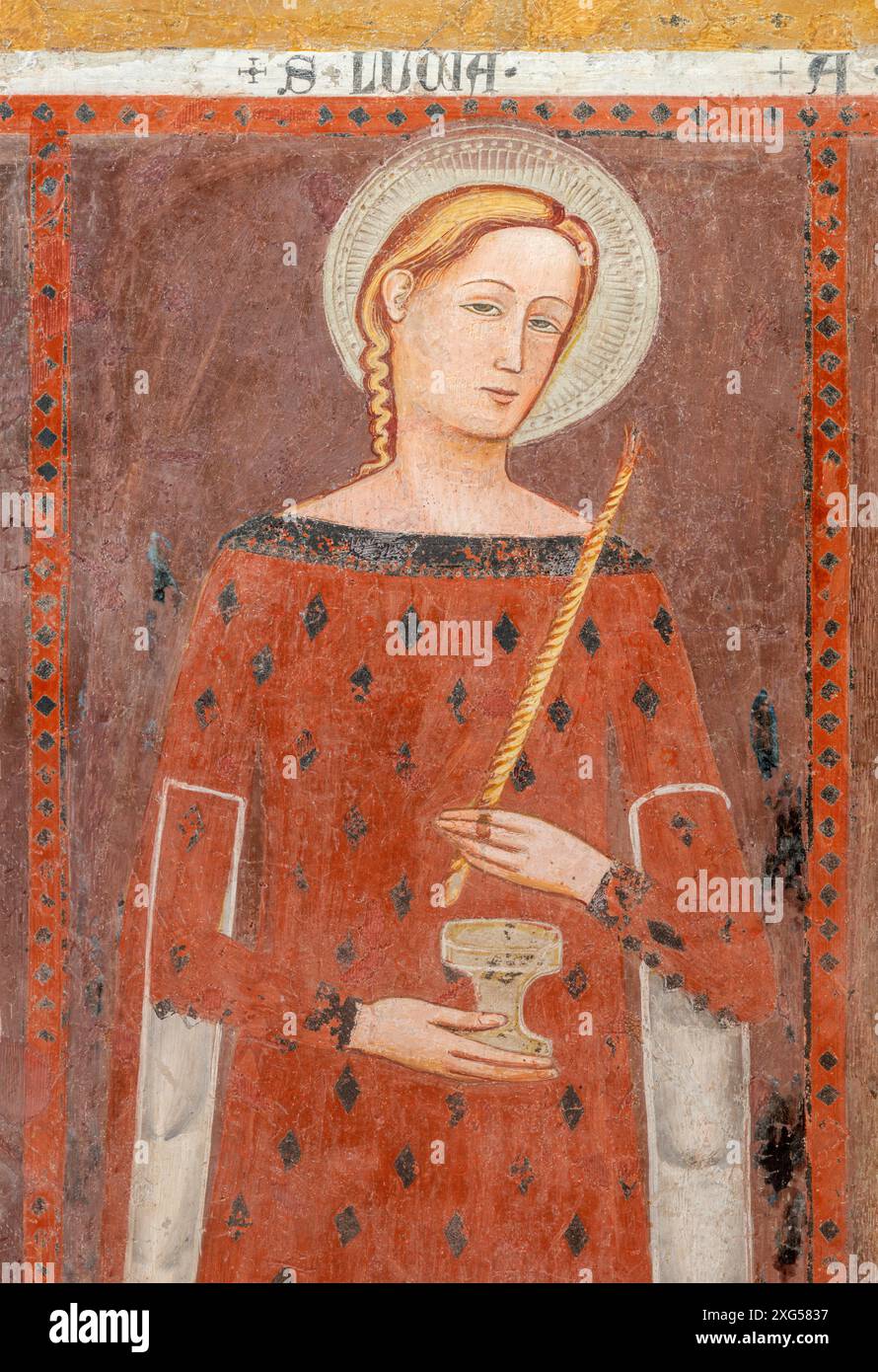 PERUGIA, ITALIEN - 15. MAI 2024: Das Fresko von St. Lucia in der Kirche Basilica di San Domenico (1396). Stockfoto