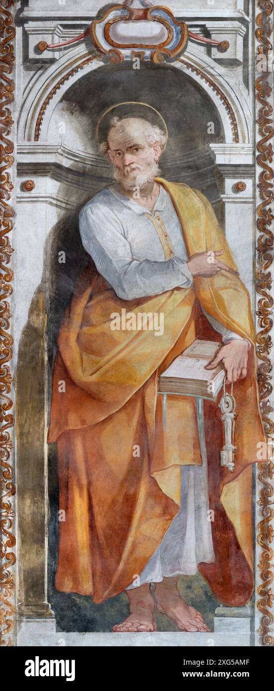 PERUGIA, ITALIEN - 18. MAI 2024: Das Fresko des Apostels St. Peter in der Kirche Basilica di San Pietro von Giovanni Battista Lombardelli (1530 - 1587) Stockfoto