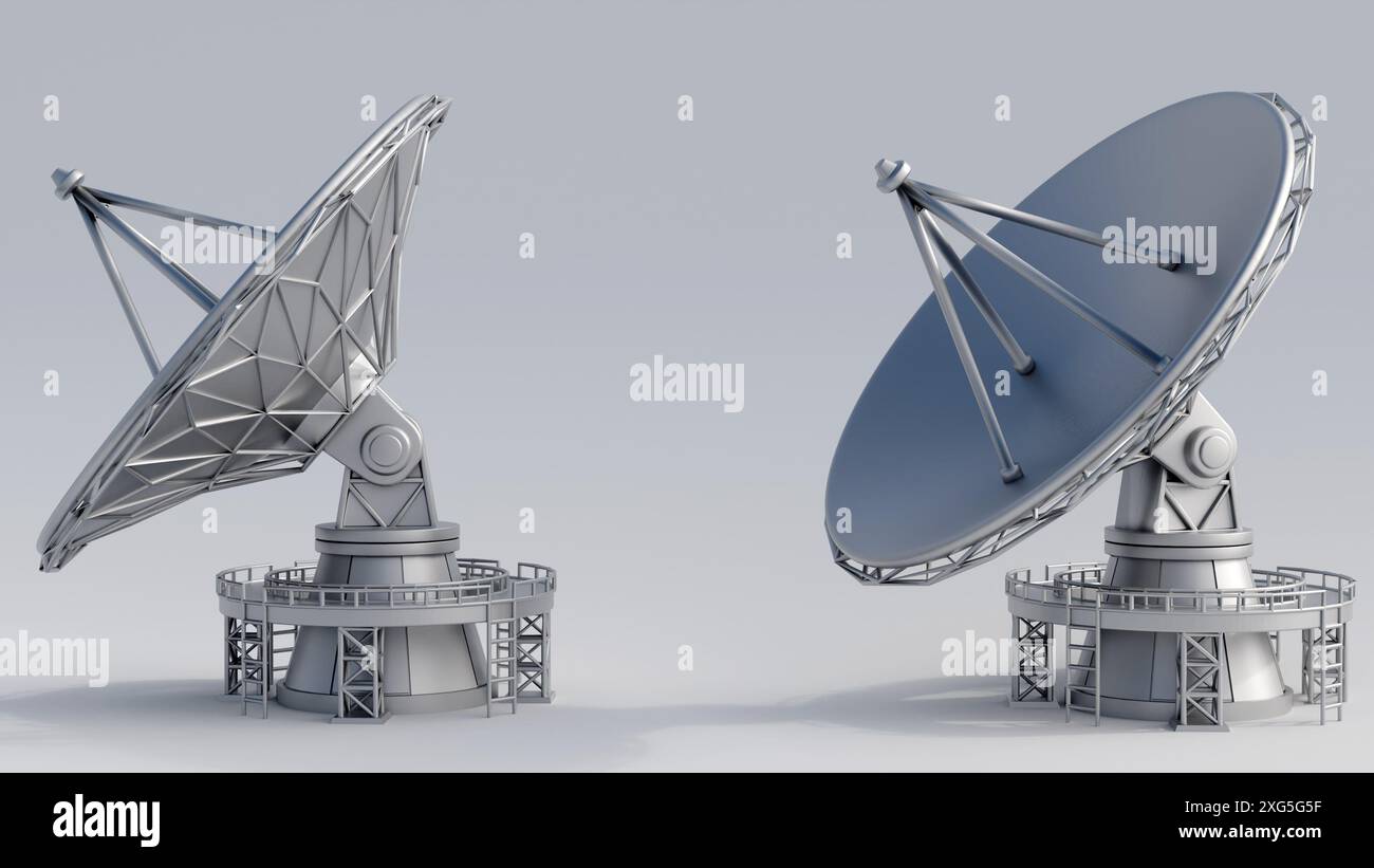 3D-Rendering einer Parabolantenne für die Übertragung und den Empfang von Signalen zu und von Satelliten. Stockfoto