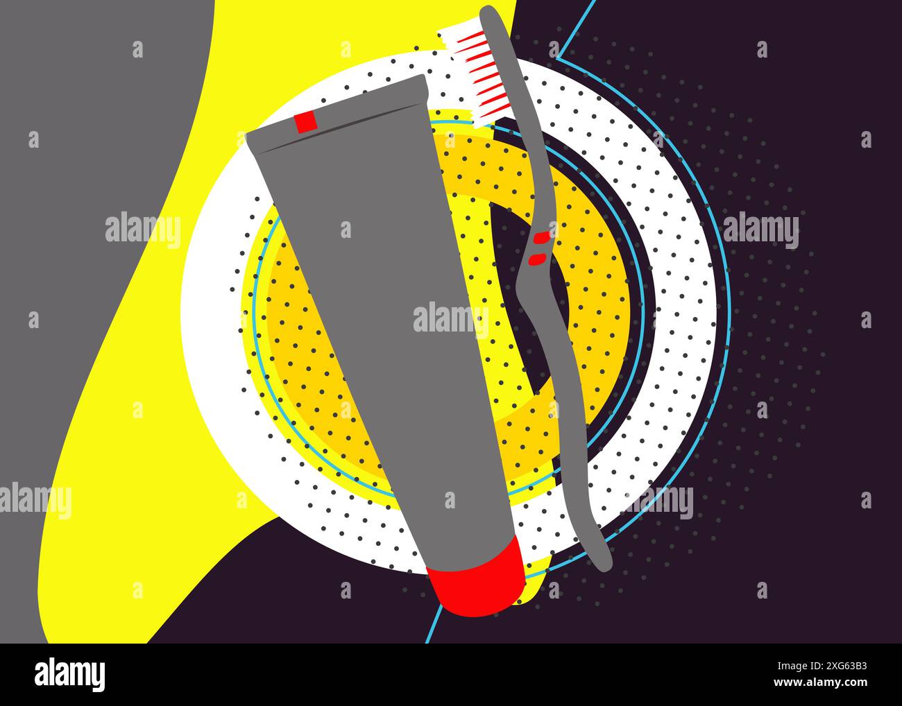 Zahnbürste und Zahnpasta geometrische grafische Retro-Themenhintergrund. Minimale geometrische Elemente. Vintage abstrakte Formen Vektor-Illustration. Stock Vektor