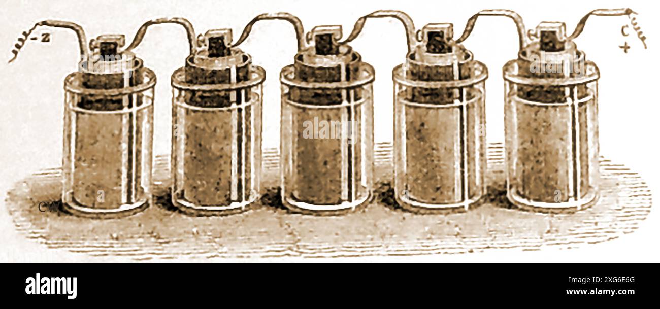 Ein Stich aus dem 19. Jahrhundert, der Bunsens elektrische Batterie zeigt Stockfoto