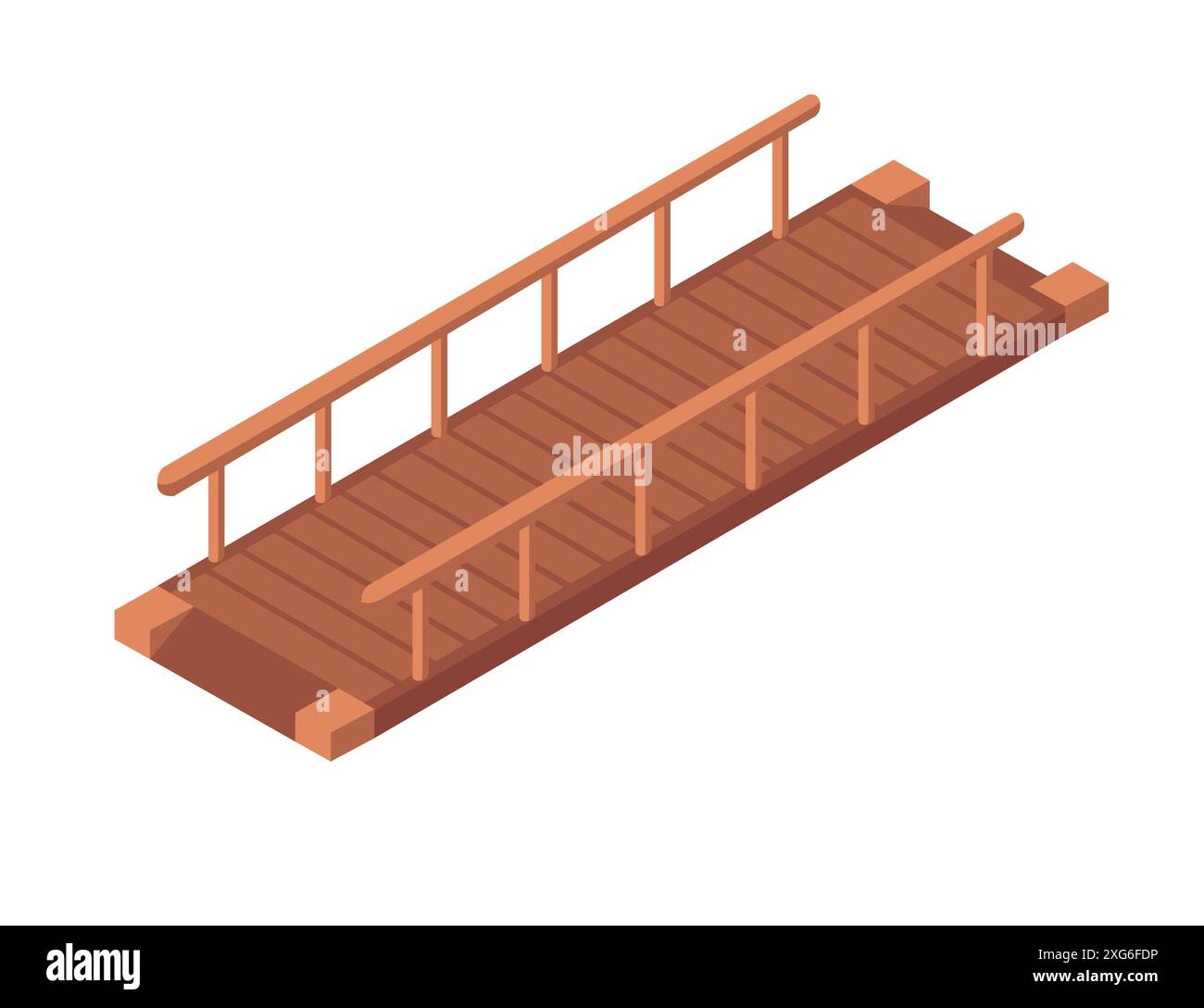 Einfache Holzbrücke mit Geländer. Glatte, flache Brücke aus dunkelbraunen Holzdielen. Isometrische Vektordarstellung isoliert o Stock Vektor