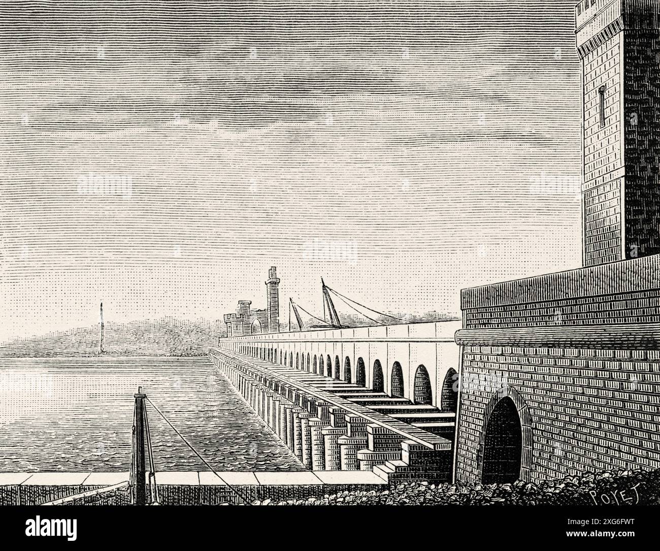 Der Assuan-Damm im Nil, Ägypten. Alte gravierte Illustration aus dem 19. Jahrhundert aus La Nature 1886 Stockfoto
