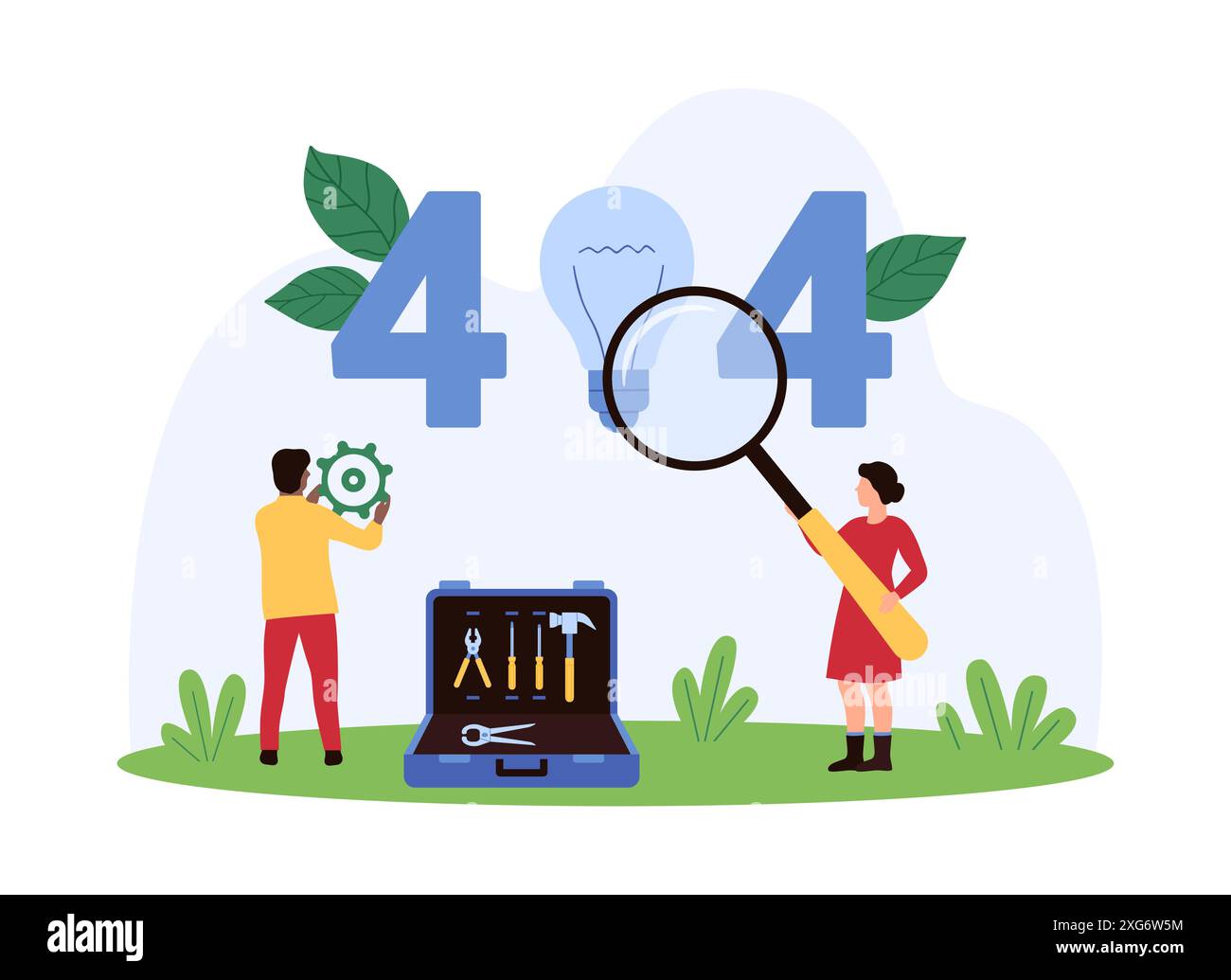 403 Fehler, Seite nicht gefunden, Sicherheitswarnmeldung. Winzige Leute des Wartungsdienstes mit Lupe und Zahnradreparatur verlorene Netzwerkverbindung, gebrochene Glühbirne Cartoonvektor Illustration Stock Vektor