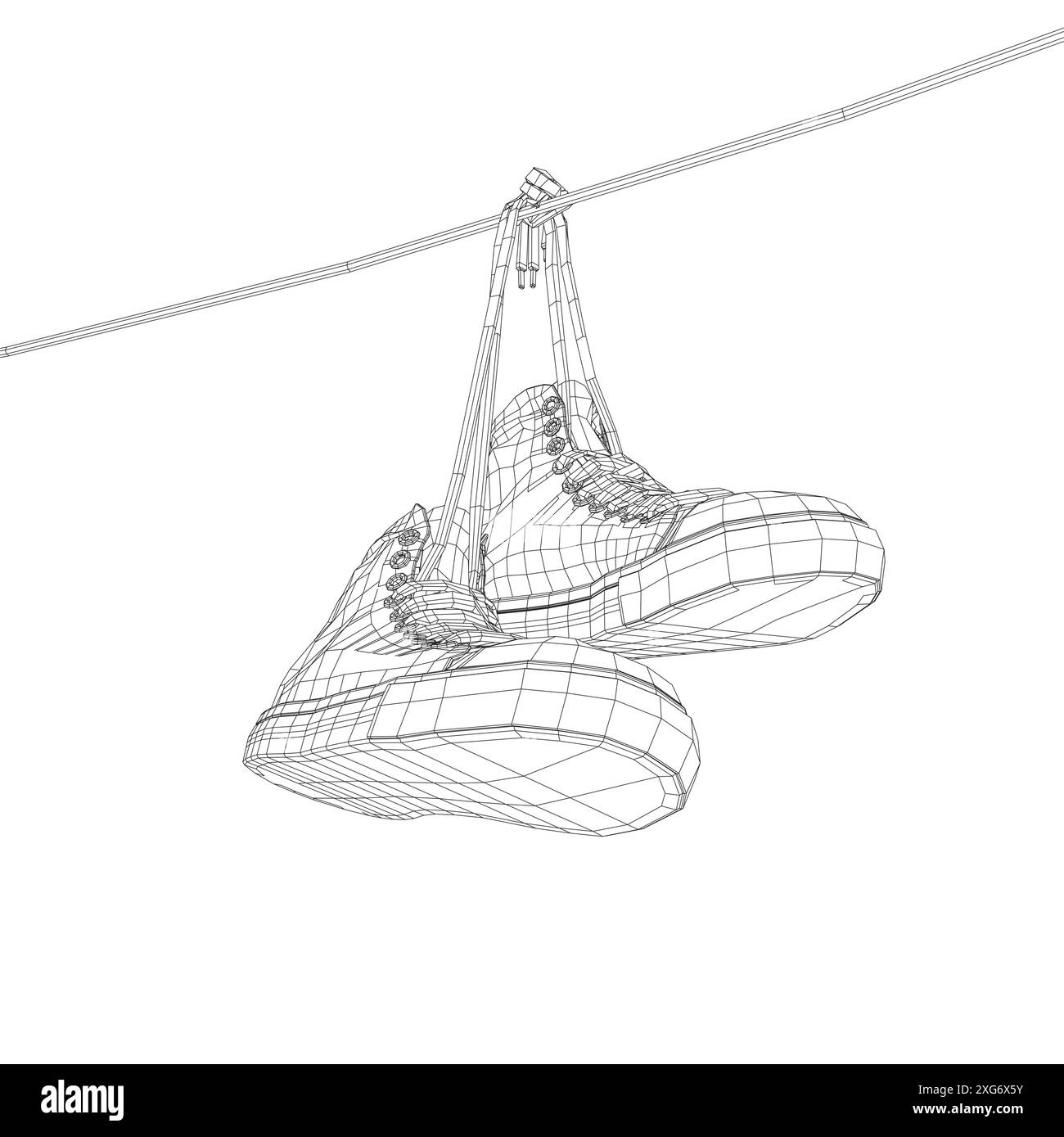Wireframe Sneakers hängen an einem Seil auf weißem Hintergrund. Vektorabbildung. 3D. Stock Vektor